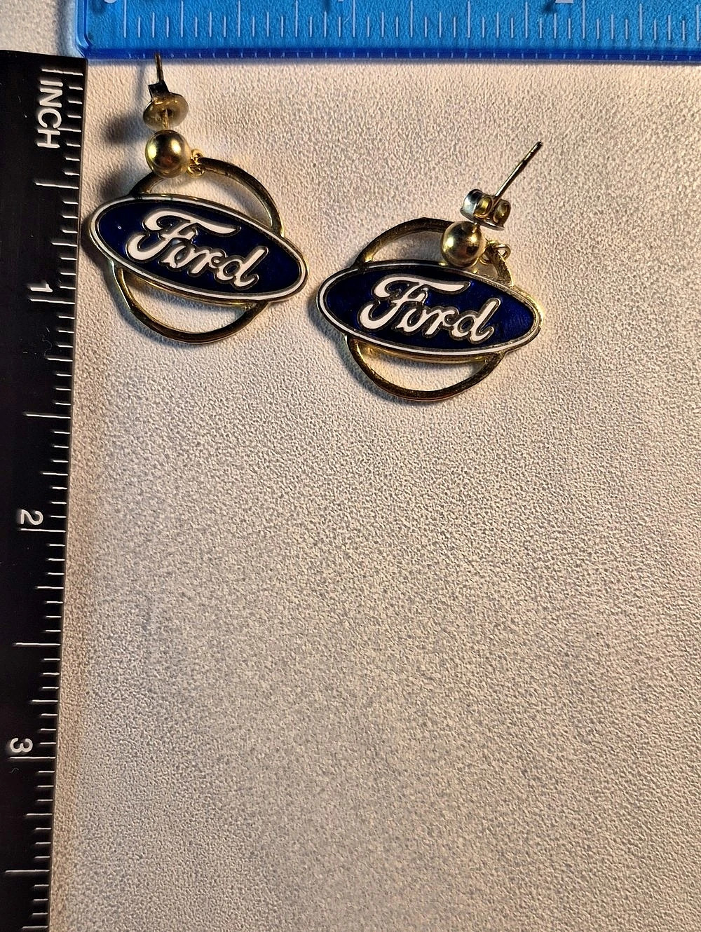Vintage Ford Logo Dangle Earrings Blue Gold